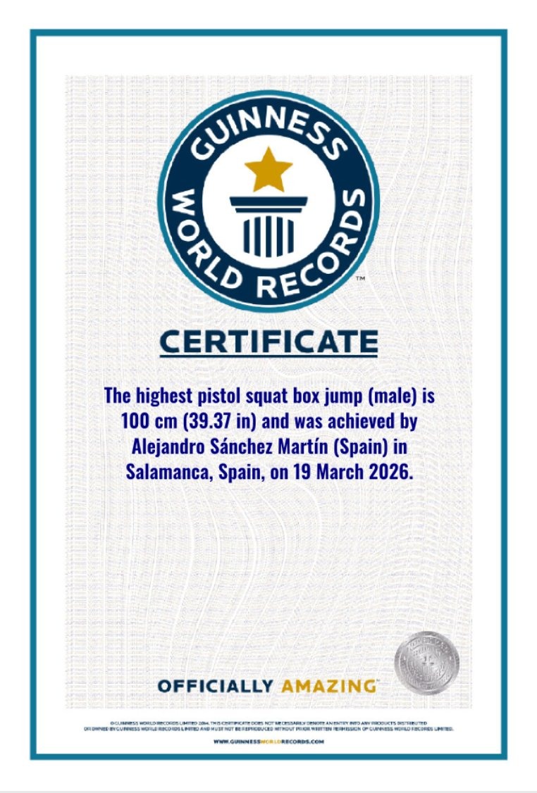 Guinness World Records certificate stating the highest pistol squat box jump (male) is 100 cm, achieved by Alejandro S&aacute;nchez Mart&iacute;n in Salamanca on 19 March 2026