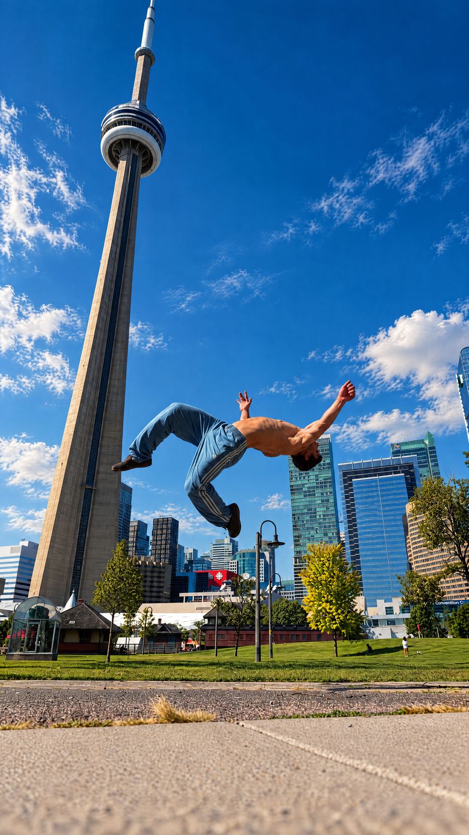 Layout in track pants against the Toronto skyline