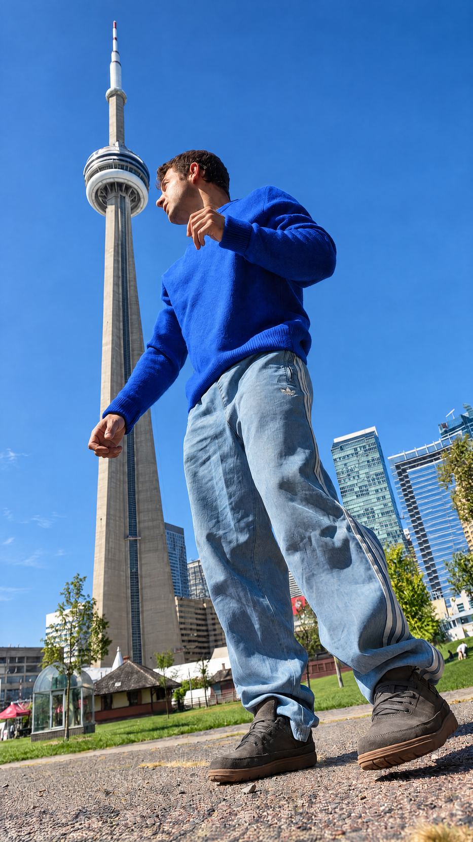 Blue knit and wide jeans at the CN Tower